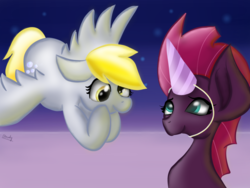 Size: 1024x768 | Tagged: safe, artist:cloudyhan24, derpy hooves, fizzlepop berrytwist, tempest shadow, pegasus, pony, unicorn, g4, my little pony: the movie, cute, derpabetes, derpest, female, flying, hat, horn, mare, party hat, smiling, tempest gets her horn back, tempestbetes