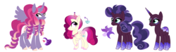 Size: 3588x1065 | Tagged: safe, artist:unicorn-mutual, oc, oc only, alicorn, pegasus, pony, unicorn, female, magical lesbian spawn, mare, offspring, parent:cherry jubilee, parent:princess cadance, parent:princess luna, parent:saffron masala, parent:scarlet heart, simple background, transparent background