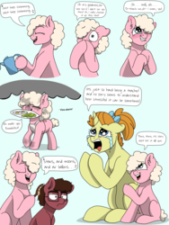 Size: 1537x2048 | Tagged: safe, artist:pastel-charms, pumpkin cake, oc, oc:rock candy, oc:taffy twirl, g4, brushie, colt, crying, female, filly, glasses, male, mare, offspring, older, parent:cheese sandwich, parent:pinkie pie, parents:cheesepie, watering can