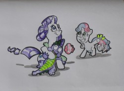 Size: 1213x894 | Tagged: safe, artist:hillbe, rarity, spike, sweetie belle, g4, female, ice pack, male, ship:sparity, shipping, straight, ticket, traditional art