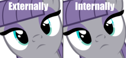 Size: 2208x1024 | Tagged: safe, artist:éclair, derpibooru exclusive, edit, maud pie, earth pony, pony, g4, female, image macro, looking at you, meme, not smiling on the inside, solo, vulgar description, x internally