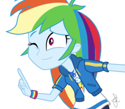 Size: 655x572 | Tagged: safe, artist:ilaria122, rainbow dash, equestria girls, g4, my little pony equestria girls: better together, clothes, cute, dashabetes, geode of super speed, magical geodes, one eye closed, pants, shirt, simple background, sweatshirt, transparent background, wristband