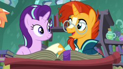 Size: 1280x720 | Tagged: safe, screencap, starlight glimmer, sunburst, celestial advice, g4, book, clothes, female, glasses, looking at each other, male, reading, robe, sunburst's cloak, sunburst's glasses