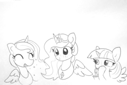 Size: 1898x1278 | Tagged: safe, artist:tjpones, princess celestia, princess luna, twilight sparkle, alicorn, pony, g4, black and white, drink, drinking, drinking straw, eyes closed, female, freckles, grayscale, jewelry, laughing, lineart, mare, monochrome, necklace, open mouth, simple background, traditional art, trio, twilight sparkle (alicorn), white background