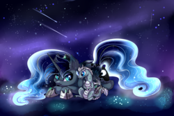 Size: 3000x2000 | Tagged: safe, artist:marbola, princess luna, alicorn, dragon, pony, g4, color porn, female, happy, high res, mare, night, shooting star, sky, smiling, stars