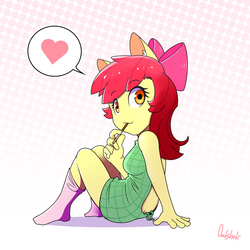 Size: 900x900 | Tagged: safe, artist:0ndshok, apple bloom, earth pony, anthro, g4, abstract background, adorabloom, backless, buttcrack, clothes, cute, ear fluff, eating, female, food, heart, looking at you, looking back, looking back at you, no nose, open-back sweater, pictogram, pocky, sleeveless sweater, socks, solo, sweater, virgin killer sweater