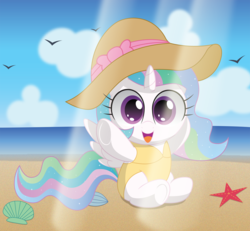 Size: 1350x1250 | Tagged: safe, artist:spellboundcanvas, princess celestia, alicorn, pony, beach, bow, cewestia, clothes, cute, cutelestia, female, filly, hat, one-piece swimsuit, solo, sun hat, swimsuit, weapons-grade cute, younger