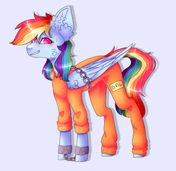 Size: 1147x1111 | Tagged: safe, artist:foxlove253, rainbow dash, pegasus, pony, g4, awkward smile, b-f16, bound wings, chains, clothes, colored background, commission, commissioner:rainbowdash69, cuffs, female, grin, nervous, nervous smile, never doubt rainbowdash69's involvement, prison outfit, prisoner rd, shackles, smiling, solo