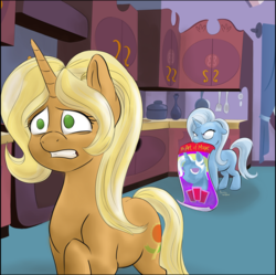 Size: 3300x3291 | Tagged: safe, artist:firimil, jack pot, sunflower spectacle, trixie, pony, unicorn, g4, angry, duo, female, filly, filly trixie, floppy ears, high res, kitchen, poster, ship:jacktacle, worried, younger