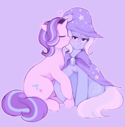 Size: 1641x1665 | Tagged: safe, artist:serafelis, starlight glimmer, trixie, pony, unicorn, g4, no second prances, backwards cutie mark, cape, clothes, duo, female, hat, heart, kissing, lesbian, mare, nuzzling, ship:startrix, shipping, simple background, trixie's cape, trixie's hat