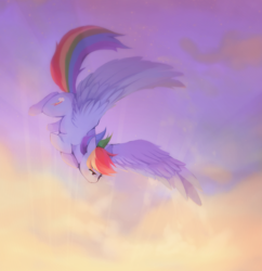 Size: 2370x2452 | Tagged: safe, artist:serafelis, rainbow dash, pegasus, pony, g4, beautiful, female, flying, high res, large wings, mare, painting style, solo, transitional skies, twilight (astronomy), wings
