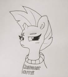 Size: 1259x1440 | Tagged: safe, artist:tjpones, tempest shadow, pony, unicorn, g4, blushing, broken horn, clothes, eye scar, female, horn, lineart, looking at you, mare, monochrome, scar, solo, sweater, traditional art