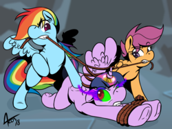 Size: 1024x768 | Tagged: safe, artist:cynos-zilla, rainbow dash, scootaloo, twilight sparkle, alicorn, pegasus, pony, g4, bondage, bound wings, captured, corrupted, corrupted twilight sparkle, evil twilight, horn, horn ring, magic suppression, missing cutie mark, mouth hold, prisoner ts, restrained, ropes, sombra eyes, tied up, twilight sparkle (alicorn)