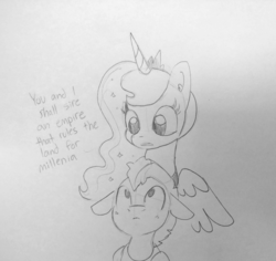 Size: 1468x1385 | Tagged: safe, artist:tjpones, princess luna, alicorn, pony, g4, dialogue, female, grayscale, lineart, male, mare, monochrome, royal guard, sketch, stallion, subtle as a train wreck, this will not end well, traditional art