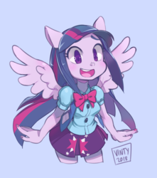 Size: 2200x2494 | Tagged: safe, artist:vintydraws, twilight sparkle, equestria girls, g4, blue background, blushing, bowtie, clothes, cute, female, high res, moe, nail polish, pleated skirt, ponied up, shirt, simple background, skirt, solo, twiabetes, twilight sparkle (alicorn)