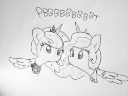 Size: 1920x1440 | Tagged: safe, artist:tjpones, princess celestia, princess luna, alicorn, pony, g4, duo, female, lineart, majestic as fuck, mare, monochrome, onomatopoeia, raspberry, raspberry noise, royal sisters, sillestia, silluna, silly, simple background, sisters, sketch, tongue out, traditional art
