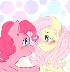 Size: 1024x1044 | Tagged: safe, artist:milkistars, fluttershy, pinkie pie, earth pony, pegasus, pony, g4, abstract background, blushing, bust, duo, female, looking at each other, mare, smiling, watermark