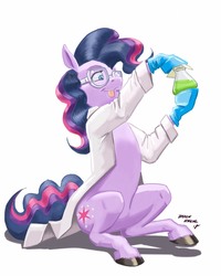 Size: 1100x1374 | Tagged: safe, artist:baron engel, pinkie pie, twilight sparkle, earth pony, pony, g4, :p, chemistry, clothes, cutie mark swap, disguise, female, flask, fusion, glasses, gloves, lab coat, mare, palette swap, recolor, safety goggles, science, simple background, solo, this will end in science, this will not end well, tongue out, traditional art