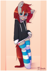 Size: 800x1200 | Tagged: safe, artist:hoodie, oc, oc only, oc:ponepony, semi-anthro, bedroom eyes, bipedal, blushing, bottomless, clothes, hoodie, leaning, partial nudity, socks, solo, striped socks, thigh highs, tongue out
