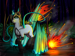 Size: 2222x1653 | Tagged: safe, artist:leastways, oc, oc only, oc:iso, pony, unicorn, fight, forest, ice magic, magic, solo