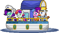 Size: 597x342 | Tagged: safe, artist:sonicboy112, cookie crumbles, hondo flanks, rarity, sweetie belle, pony, unicorn, g4, animated, boat, captain hat, female, filly, glasses, hat, pixel art, simple background, straw hat, transparent background