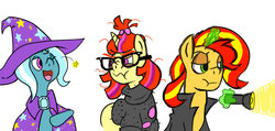 Size: 900x428 | Tagged: safe, artist:sonicboy112, moondancer, sunset shimmer, trixie, pony, unicorn, g4, cape, clothes, female, flashlight (object), hat, magic, mare, one eye closed, simple background, sweater, trio, trixie's cape, trixie's hat, white background, wink