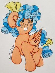 Size: 800x1064 | Tagged: safe, artist:sydneypaullet, cozy glow, pegasus, pony, g4, marks for effort, female, filly, freckles, signature, simple background, smiling, solo, traditional art, white background