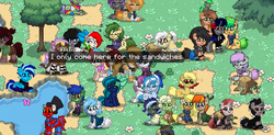 Size: 1550x763 | Tagged: safe, oc, oc:dex bolts, oc:midnight mist, oc:parlay, oc:pizzapone, pegasus, pony, pony town, crowd