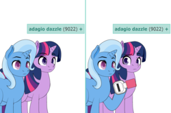 Size: 1204x800 | Tagged: safe, artist:dekomaru, edit, trixie, twilight sparkle, pony, unicorn, derpibooru, tumblr:ask twixie, g4, ask, comic, female, implied adagio dazzle, lesbian, meta, over 9000, scouter, ship:twixie, shipping, tags, tumblr