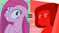 Size: 860x489 | Tagged: safe, pinkie pie, earth pony, gem (race), pony, g4, party of one, comparison, female, mare, navy ruby, pinkamena diane pie, steven universe