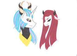Size: 1750x1275 | Tagged: safe, artist:ocean-drop, oc, oc:daemon, oc:princess nebula, monster pony, brother and sister, bust, duo, female, horns, interdimensional siblings, interspecies offspring, male, multiple eyes, muttonchops, offspring, parent:lord tirek, parent:princess celestia, parents:celestirek
