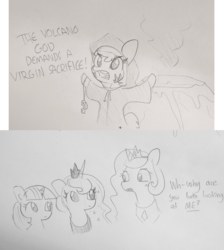 Size: 1847x2059 | Tagged: safe, artist:tjpones, princess celestia, princess luna, twilight sparkle, alicorn, earth pony, pony, g4, bipedal, bust, comic, dialogue, female, grayscale, lineart, mare, monochrome, royal sisters, sacrifice, shaman, this will end in tears and/or death, traditional art, volcano