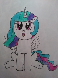 Size: 4160x3120 | Tagged: safe, artist:supahdonarudo, princess celestia, g4, celestia day, cewestia, cute, cutelestia, female, filly, filly celestia, open mouth, sitting, traditional art, younger