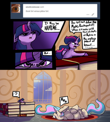 Size: 5194x5764 | Tagged: safe, artist:greyscaleart, princess celestia, twilight sparkle, alicorn, pony, unicorn, the tiny apprentice, g4, absurd resolution, ask, book, book fort, comic, cute, cutelestia, dialogue, female, filly, filly twilight sparkle, horn, horn impalement, mare, pillow, pillow fort, question mark, sleeping, smol, speech bubble, that pony sure does love books, that pony sure does love pillows, tumblr, twiabetes, unicorn twilight, younger, zzz