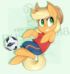 Size: 1583x1673 | Tagged: safe, artist:higglytownhero, applejack, earth pony, pony, g4, ball, clothes, cute, female, fifa, football, jackabetes, mare, redraw, russia, simple background, solo, spain, world cup