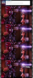 Size: 582x1371 | Tagged: safe, artist:jamescorck, fizzlepop berrytwist, tempest shadow, oc, oc:movie slate, pony, unicorn, g4, my little pony: the movie, 2001: a space odyssey, blushing, comic, dialogue, duo, emily blunt, female, film projector, film reel, mare, meta, movie poster, movie projector, raiders of the lost ark, sicario, story in the source, tumblr comic, voice actor joke