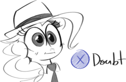 Size: 1959x1283 | Tagged: safe, artist:hattsy, pinkie pie, earth pony, pony, cole phelps, doubt, female, hat, l.a. noire, mare, meme, necktie, ponified, press x to doubt, reaction image, simple background, solo, white background