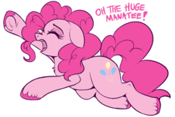 Size: 889x594 | Tagged: safe, artist:lulubell, pinkie pie, earth pony, pony, g4, chest fluff, dramatic, eyes closed, female, floppy ears, oh the huge manatee, oh the humanity, open mouth, profile, raised hoof, simple background, solo, transparent background, unshorn fetlocks