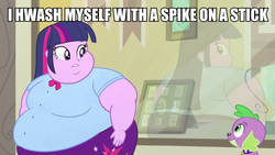 Size: 1080x607 | Tagged: safe, artist:neongothic, edit, edited edit, edited screencap, screencap, spike, twilight sparkle, dog, equestria girls, g4, belly, big belly, double chin, fat, fat edit, i wash myself with a rag on a stick, image macro, male, meme, morbidly obese, obese, spike the dog, the simpsons, twilard sparkle, twilight sparkle (alicorn)