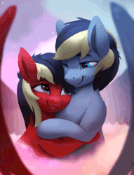 Size: 536x700 | Tagged: safe, artist:rodrigues404, oc, oc only, oc:safe stead, oc:scarlet sound, pegasus, pony, abstract background, animated, blinking, brother and sister, cinemagraph, cloud, commission, cute, digital art, female, hug, looking at each other, male, mare, oc x oc, ocbetes, one eye closed, safe & sound, shipping, smiling, stallion, straight