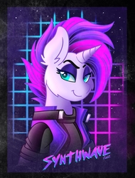 Size: 3800x5000 | Tagged: safe, artist:ciderpunk, oc, oc:synthwave, anthro, 80s, absurd resolution, bust, clothes, fluffy, grid, jacket, poster, retro, retrowave, synthwave, synthwave grid