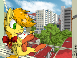 Size: 2156x1620 | Tagged: safe, artist:starrypallet, oc, oc only, oc:obsolete tech, butterfly, pegasus, pony, chest fluff, church, city, cityscape, male, solo, stallion