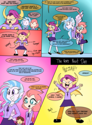 Size: 900x1214 | Tagged: safe, artist:emositecc, ocellus, silverstream, smolder, yona, changedling, changeling, human, g4, clothes, comic, cute, dialogue, elf ears, female, horn, horned humanization, humanized, mary janes, pants, school uniform, shoes, skirt, skirt lift, socks, thigh highs, winged humanization, wings