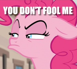 Size: 656x588 | Tagged: safe, pinkie pie, g4, the cutie map, floppy ears, glare, image macro, meme, raised eyebrows, suspicious