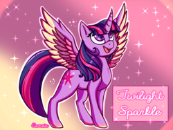 Size: 1152x864 | Tagged: safe, artist:esmeia, twilight sparkle, alicorn, pony, g4, abstract background, female, looking up, mare, solo, spread wings, stars, twilight sparkle (alicorn), wings