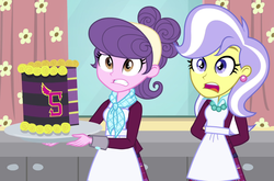 Size: 1241x818 | Tagged: safe, screencap, suri polomare, upper crust, acadeca, equestria girls, g4, my little pony equestria girls: friendship games, apron, ascot, cake, clothes, cropped, crystal prep academy uniform, crystal prep shadowbolts, duo, duo female, ear piercing, earring, female, food, gasp, jewelry, necklace, nervous, open mouth, pearl necklace, piercing, scarf, school uniform, shocked