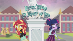 Size: 1920x1080 | Tagged: safe, screencap, sci-twi, sunset shimmer, twilight sparkle, equestria girls, g4, my little pony equestria girls: friendship games, official, canterlot high, cute, music video, right there in front of me, title card, wings