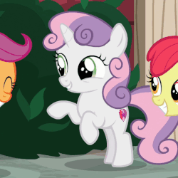 Size: 516x516 | Tagged: safe, edit, edited screencap, screencap, apple bloom, scootaloo, sweetie belle, earth pony, pegasus, pony, unicorn, g4, marks for effort, animated, cropped, cute, cutie mark, cutie mark crusaders, diasweetes, female, filly, gif, grin, happy, hoofy-kicks, horses doing horse things, rearing, smiling, solo focus, the cmc's cutie marks, weapons-grade cute