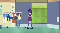 Size: 1920x1080 | Tagged: safe, screencap, sci-twi, twilight sparkle, equestria girls, g4, my little pony equestria girls: friendship games, adorkable, cute, door, dork, female, glasses, lockers, outfit, poster, solo, twiabetes