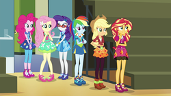 Size: 1920x1080 | Tagged: safe, screencap, applejack, fluttershy, pinkie pie, rainbow dash, rarity, sunset shimmer, twilight sparkle, equestria girls, g4, my little pony equestria girls: friendship games, applejack's hat, boots, bracelet, clothes, cowboy hat, cutie mark on clothes, dress, female, glasses, hairpin, hat, high heels, humane five, jewelry, leggings, legs, lowres, mane six, open mouth, outfit, rarity's glasses, school spirit, shoes, skirt, skirt pull, smiling, sneakers, stetson